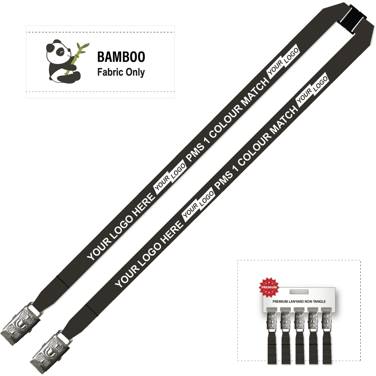 A printed black bamboo lanyard featuring alligator clips, displaying a branding logo area.