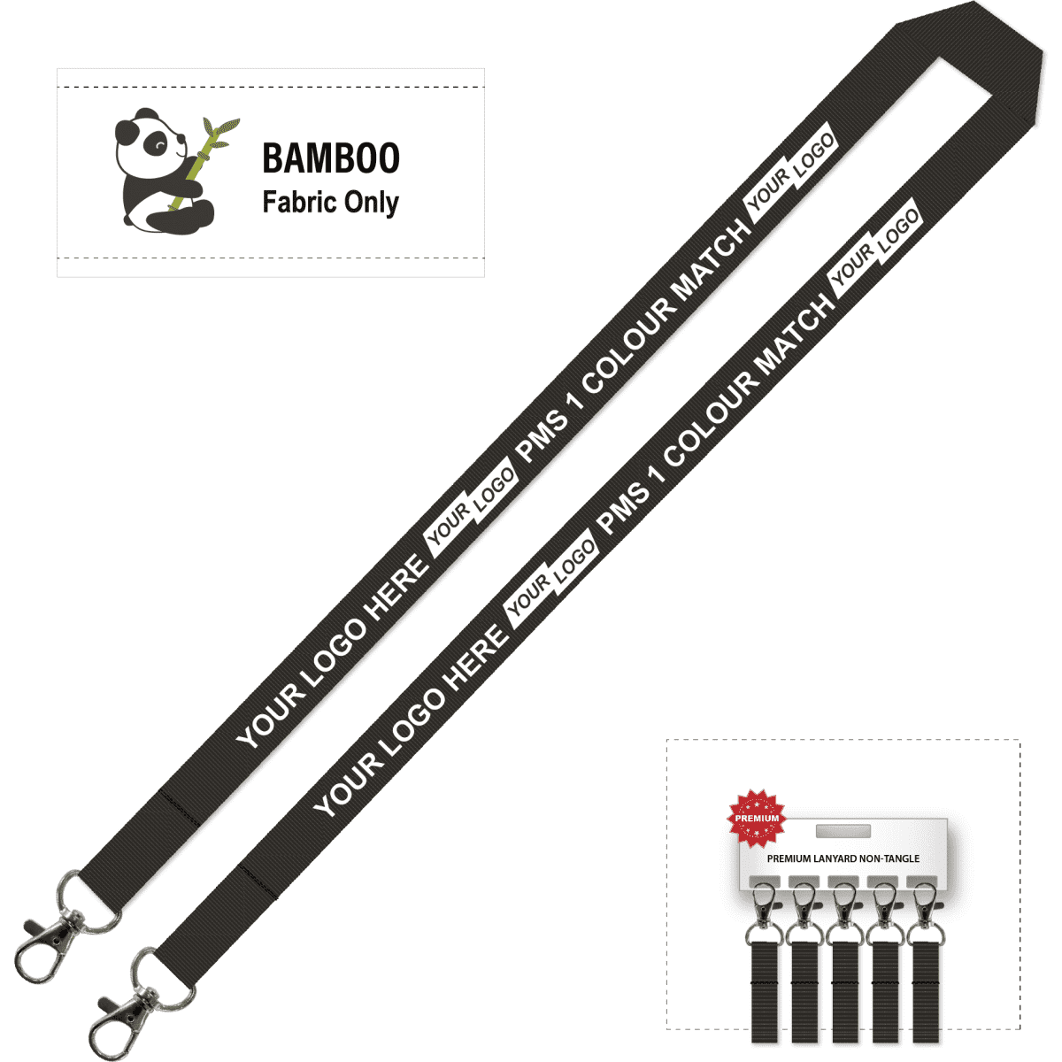 A printed black bamboo lanyard with double carabiners and a logo space. 15mm width, showing a sleek and functional design.