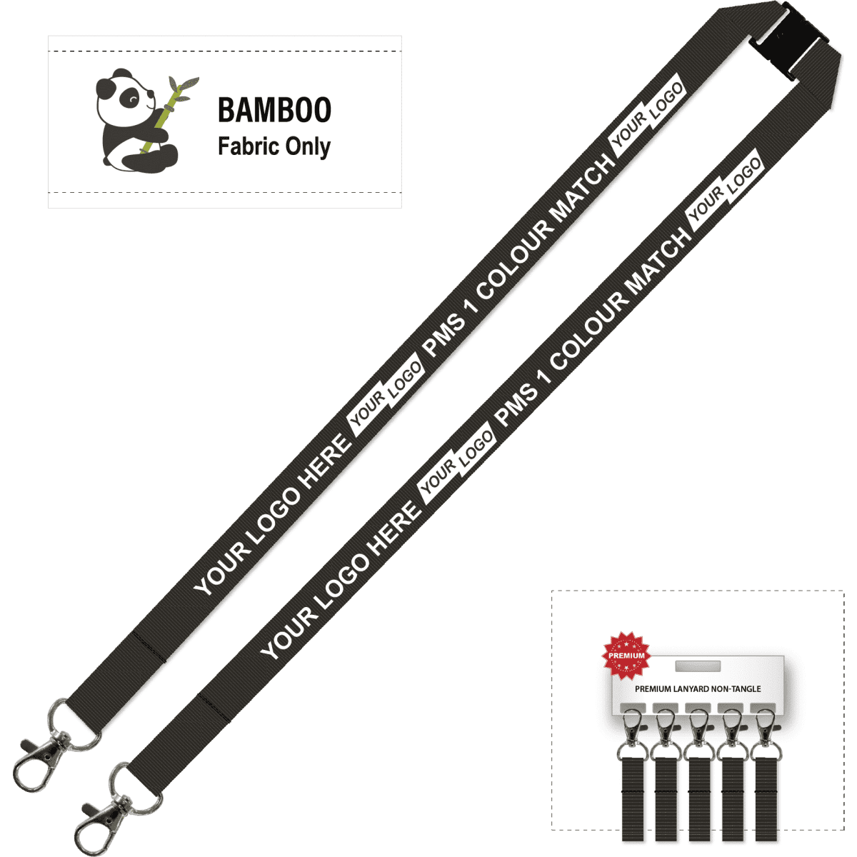 A black bamboo lanyard with double carabiners, featuring logo placement options and a fabric-only label.