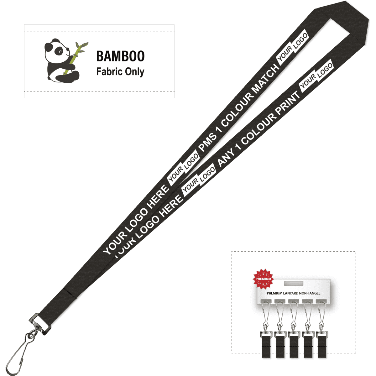 A bamboo lanyard in black, featuring a swivel hook and branded sections for custom logos.