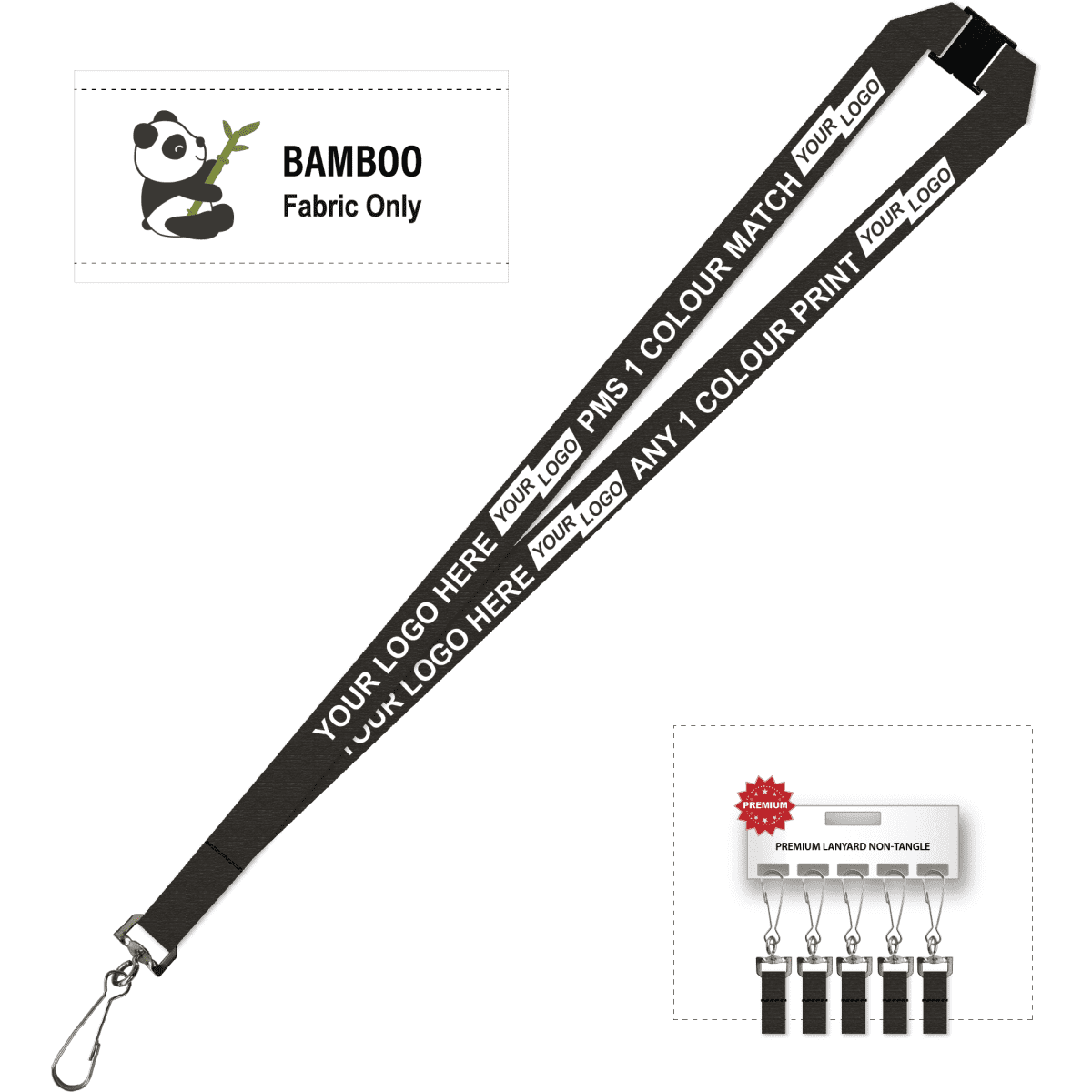 A black bamboo lanyard with a swivel hook, featuring spaces for logo placement and a sleek design.