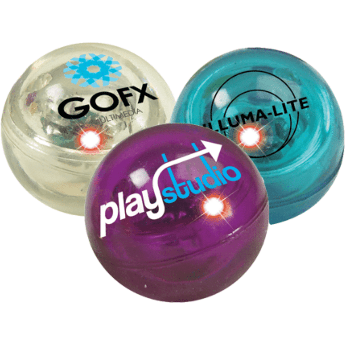 Three LED bouncy balls in clear, purple, and teal colours, each featuring a logo.