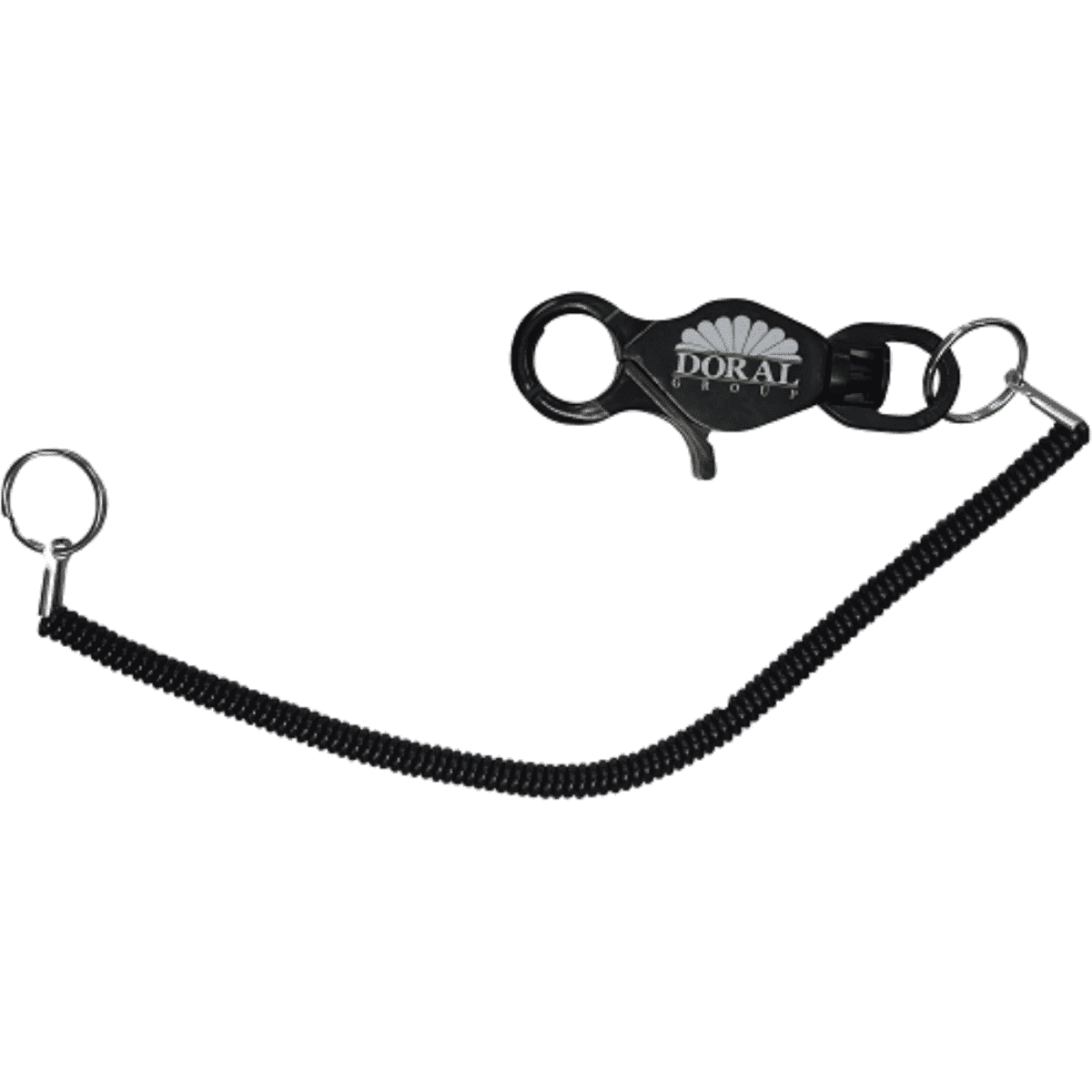 A black bungee coil cord lanyard with a keyring and a clip attachment. Features a logo on the clip.