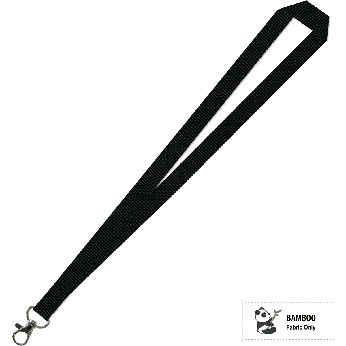 A black bamboo lanyard with a carabiner clip, featuring a logo and a flat design.
