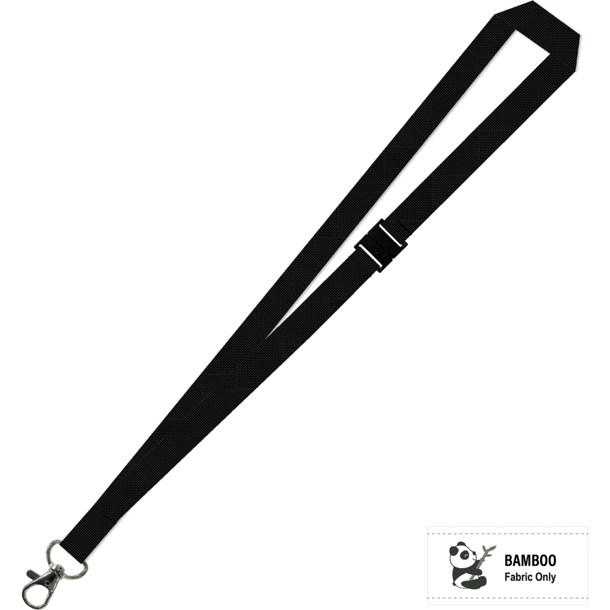 A black bamboo lanyard with a carabiner clip and a logo. Features a flat design.