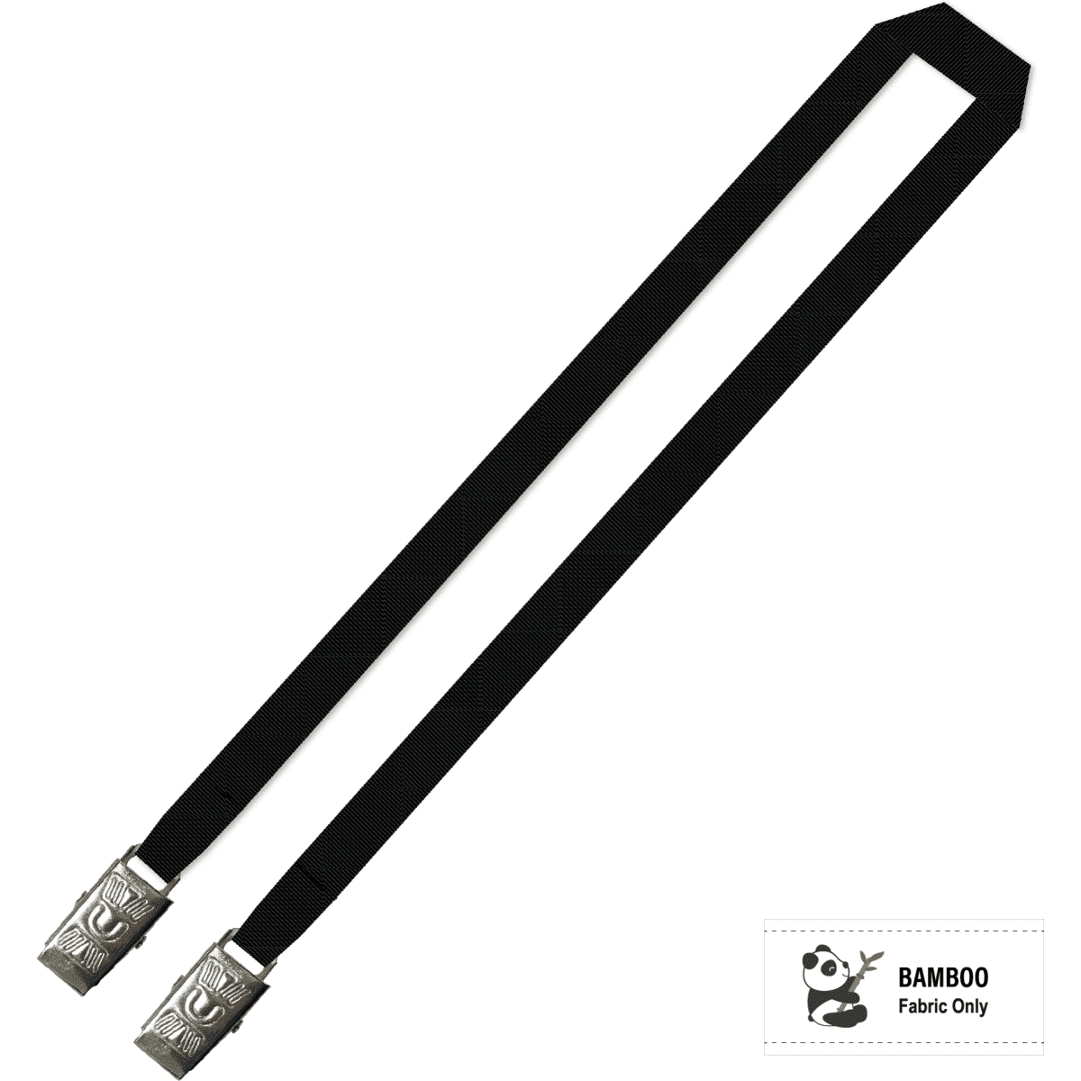 A plain black bamboo lanyard featuring double alligator clips at each end. It includes a logo.