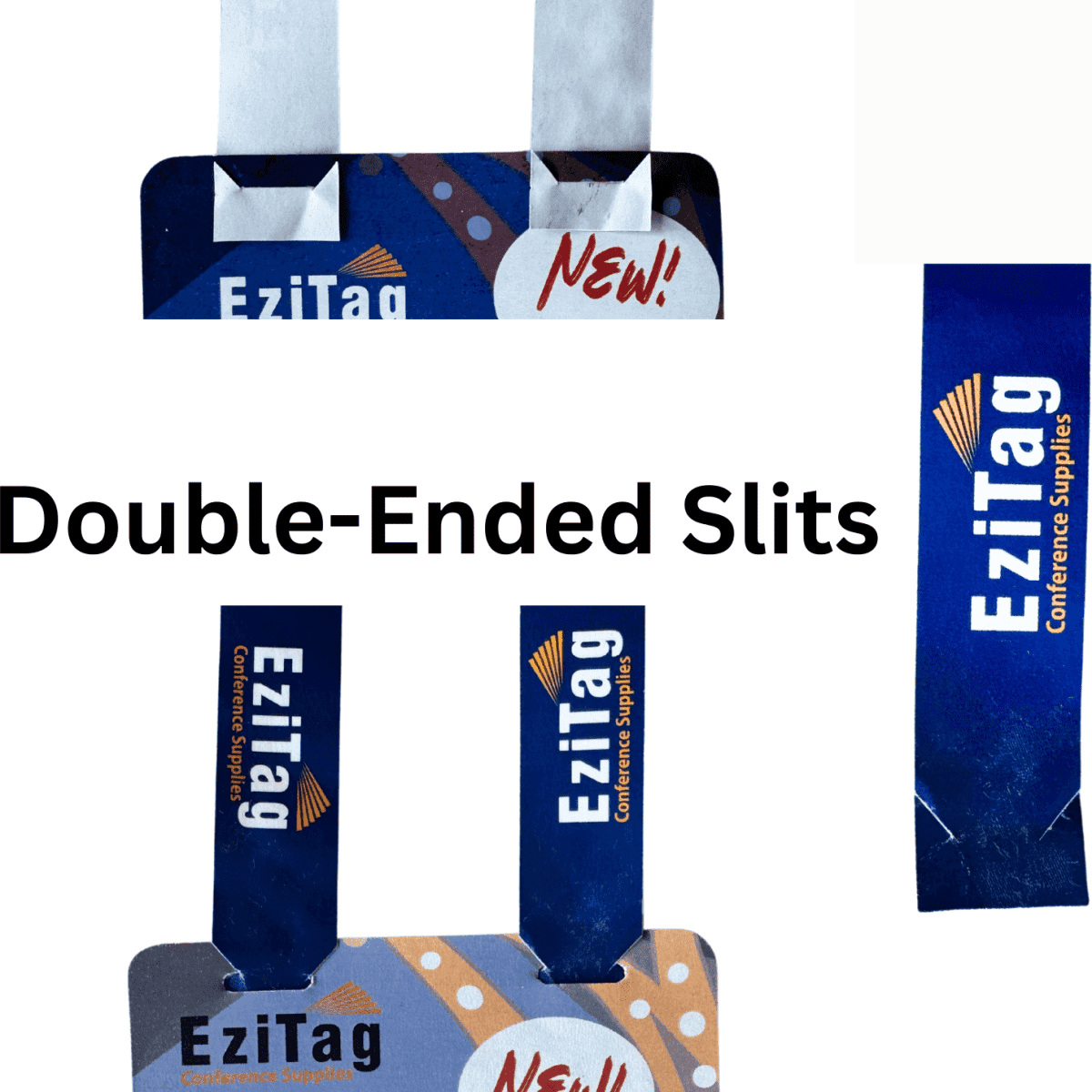 A multi-coloured promotional lanyard with double-ended slits, featuring a logo and branding.