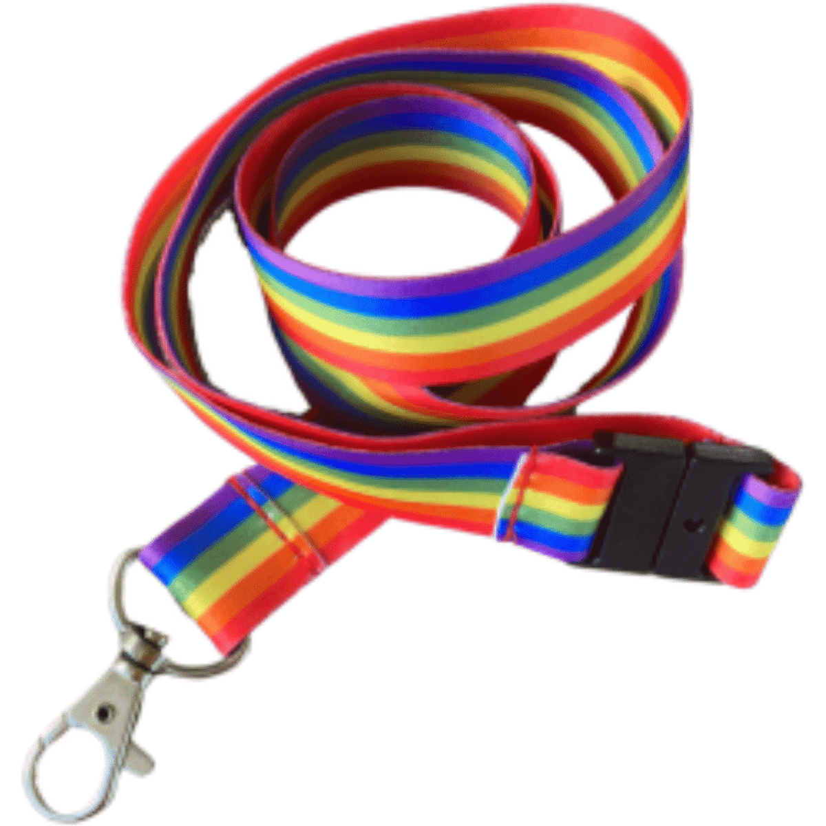 A vibrant rainbow lanyard with a carabiner clip, featuring multiple horizontal stripes in bright colours.