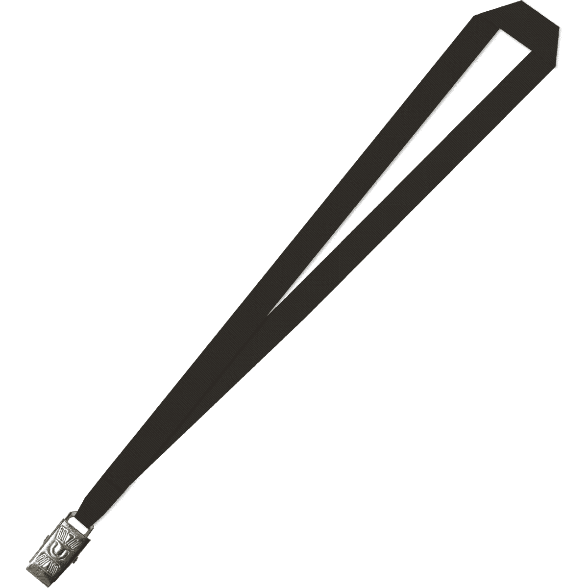 A black lanyard with a 15mm width and an alligator clip attachment, featuring a logo.