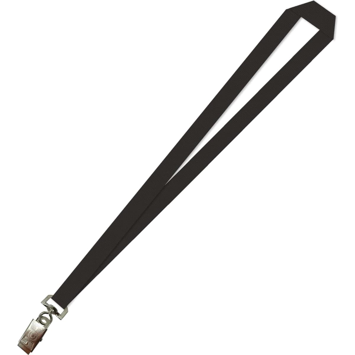 A plain black lanyard with an alligator clip, featuring a simple, flat design.