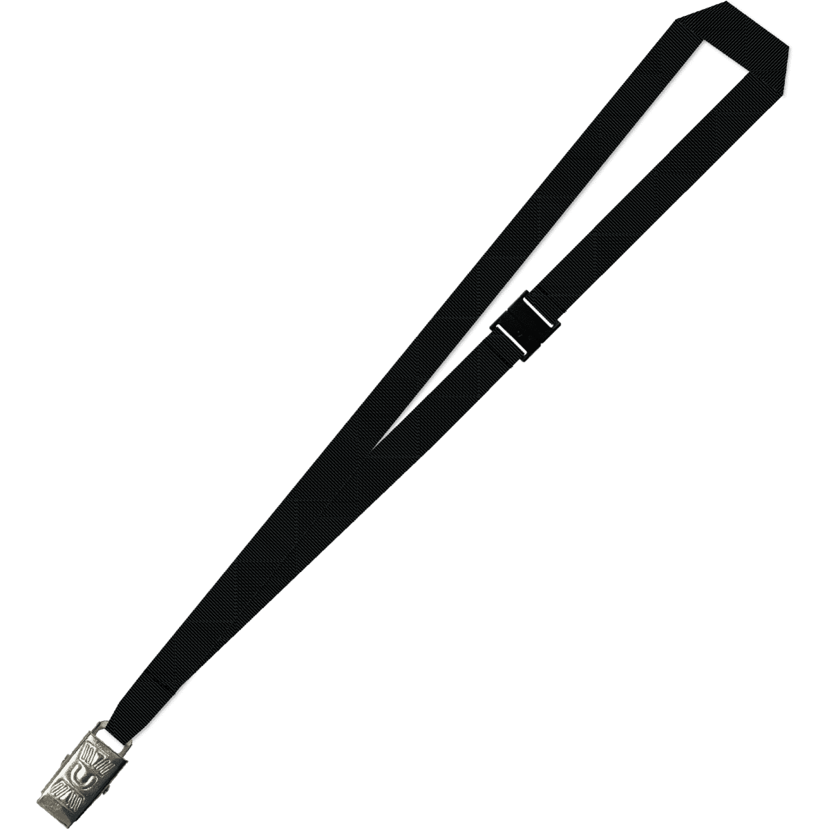 A black lanyard with an alligator clip, featuring a simple, flat design.
