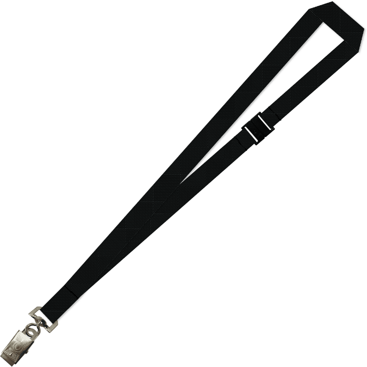 A black lanyard with an alligator clip and an adjustable feature, designed for attaching items.