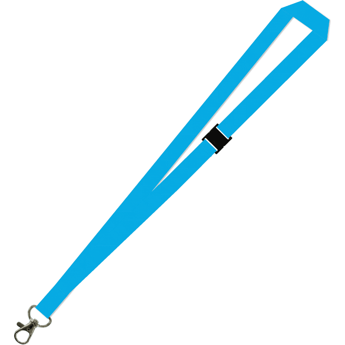 A plain blue lanyard with a carabiner clip, featuring a simple design and a logo.