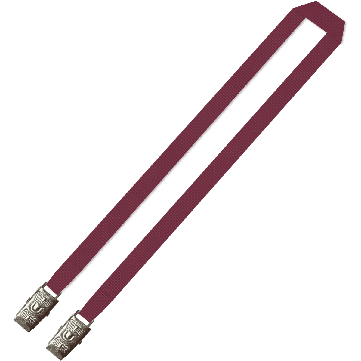 A maroon lanyard featuring double alligator clips, with metallic attachments at both ends.