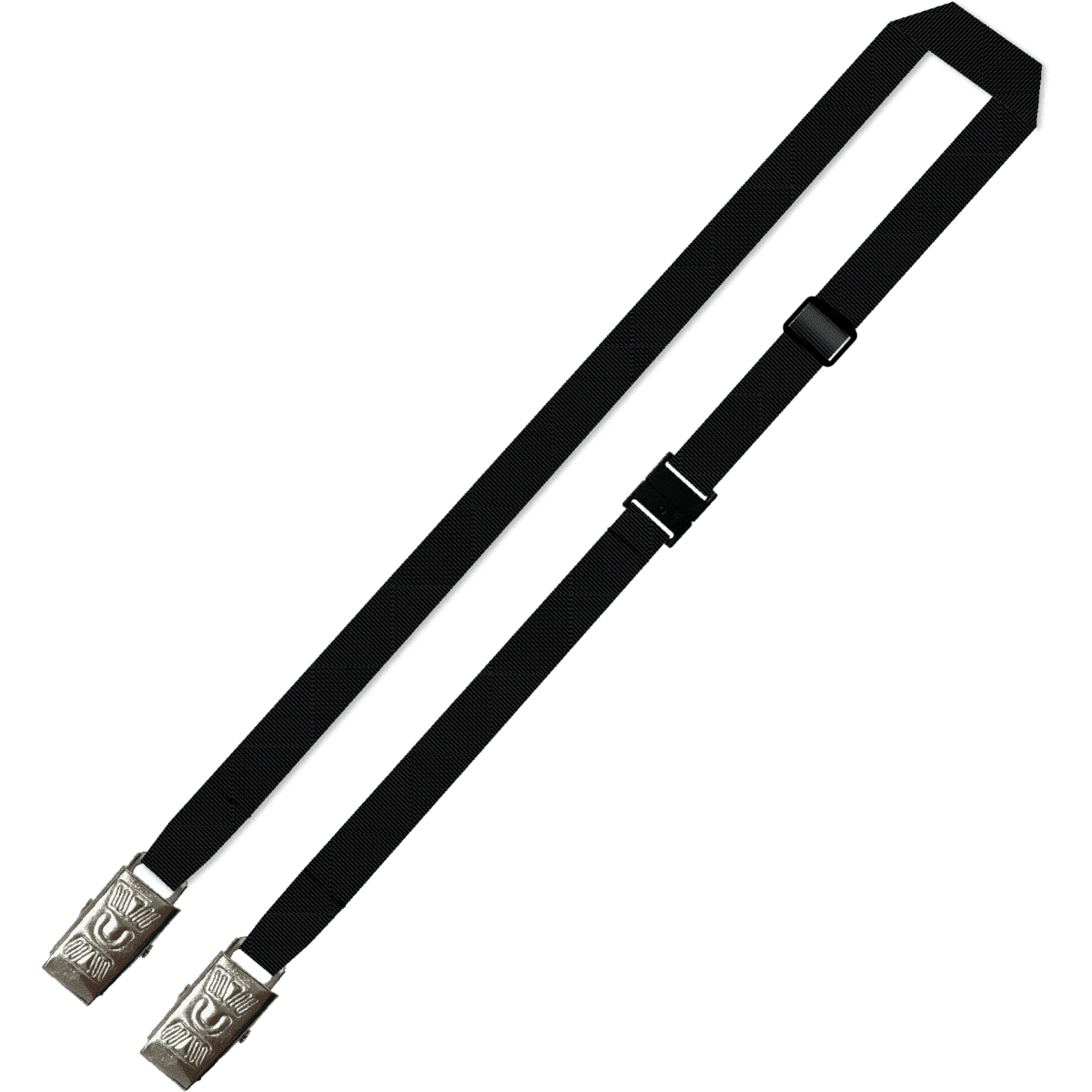 A plain black lanyard featuring double alligator clips and an adjustable buckle.