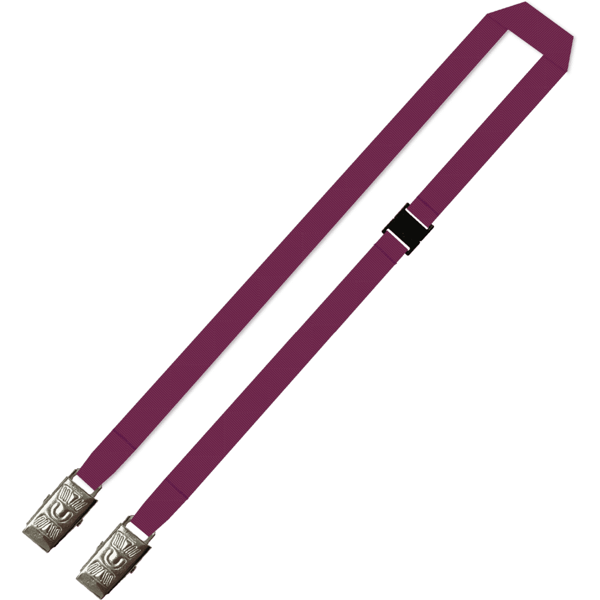 A plain lanyard in burgundy, featuring double alligator clips and a slide adjuster.