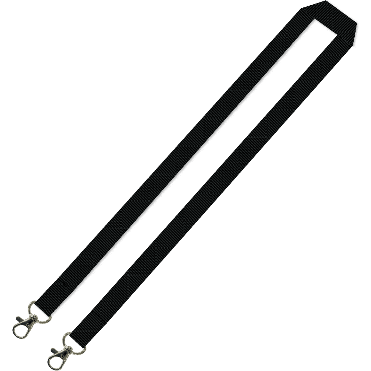 A black 15mm wide lanyard with double carabiners at each end, featuring a simple design.