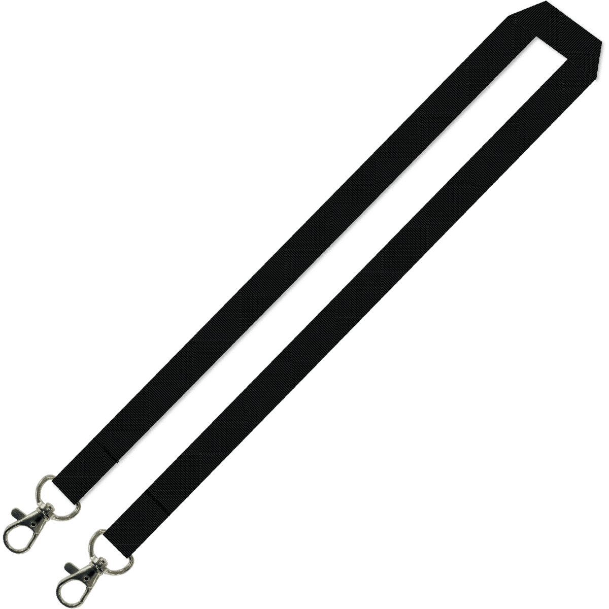 A black lanyard with double carabiners, featuring a simple, flat design.