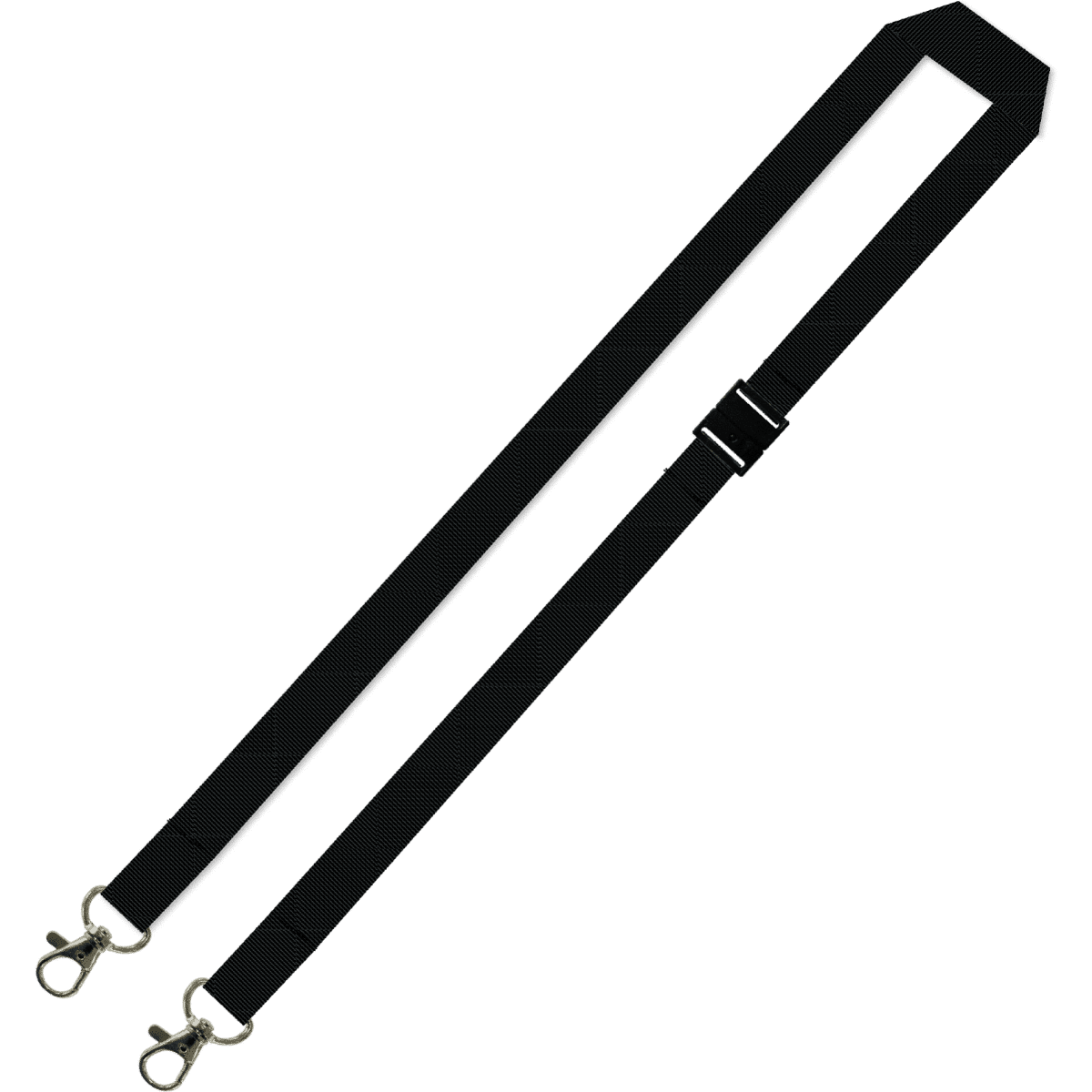 A black lanyard with double carabiners and an adjustable strap style. Features a plain design with a minimalistic look.