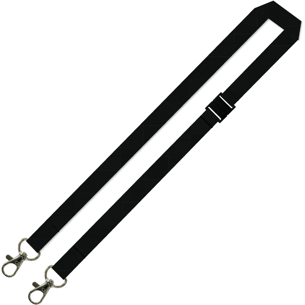A black lanyard with a double carabiner attachment, featuring a textured design and a central adjustable buckle.