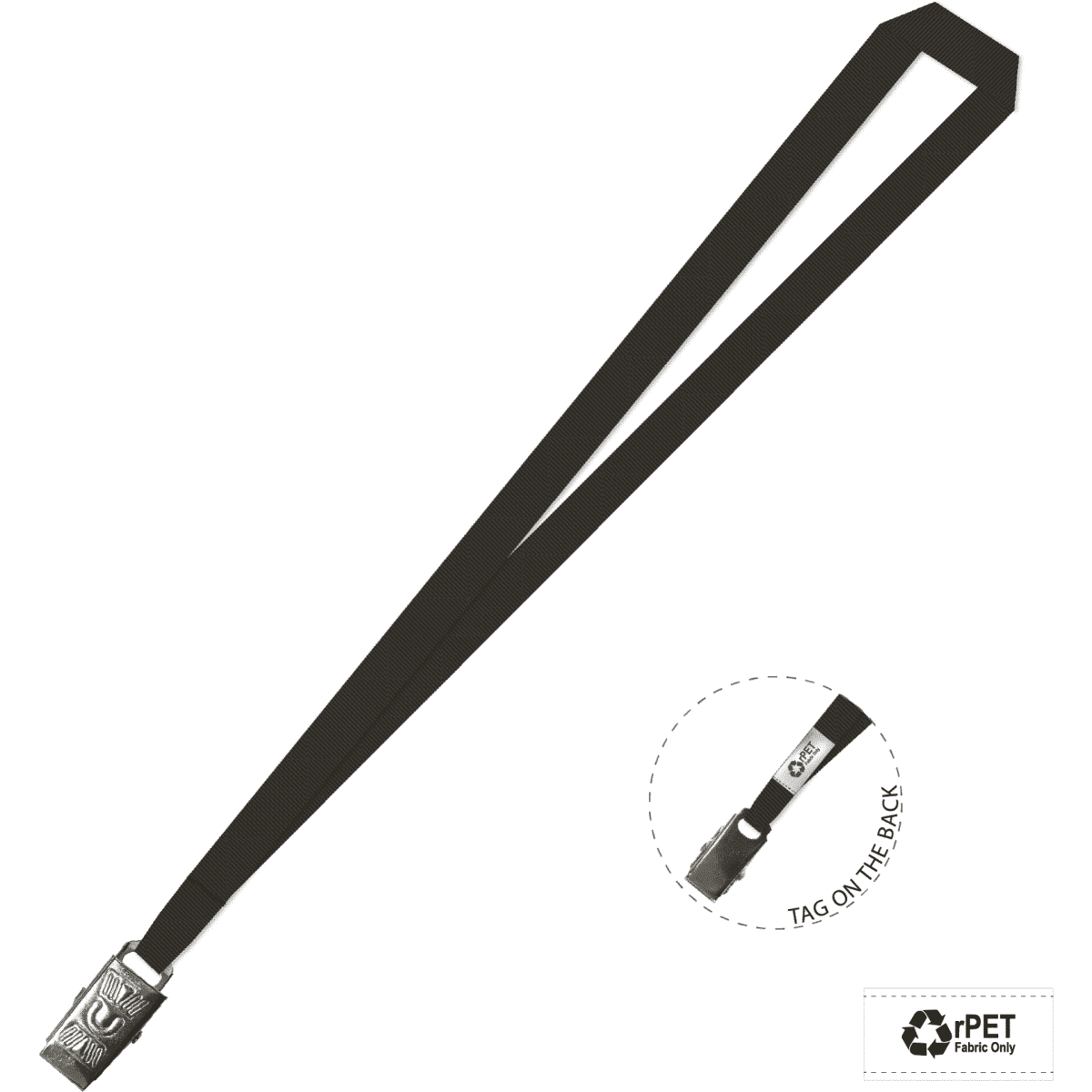 A plain black lanyard with a 15mm width and an alligator clip, featuring a logo on the clip.