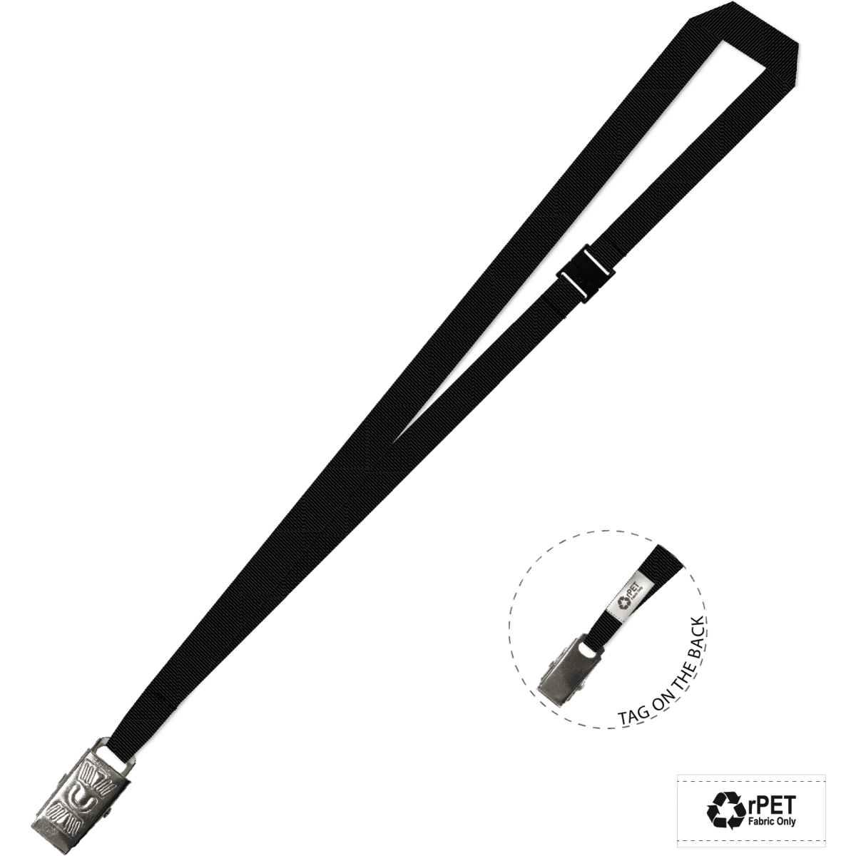 A plain black lanyard with an alligator clip, made from eco-friendly materials, featuring a logo.