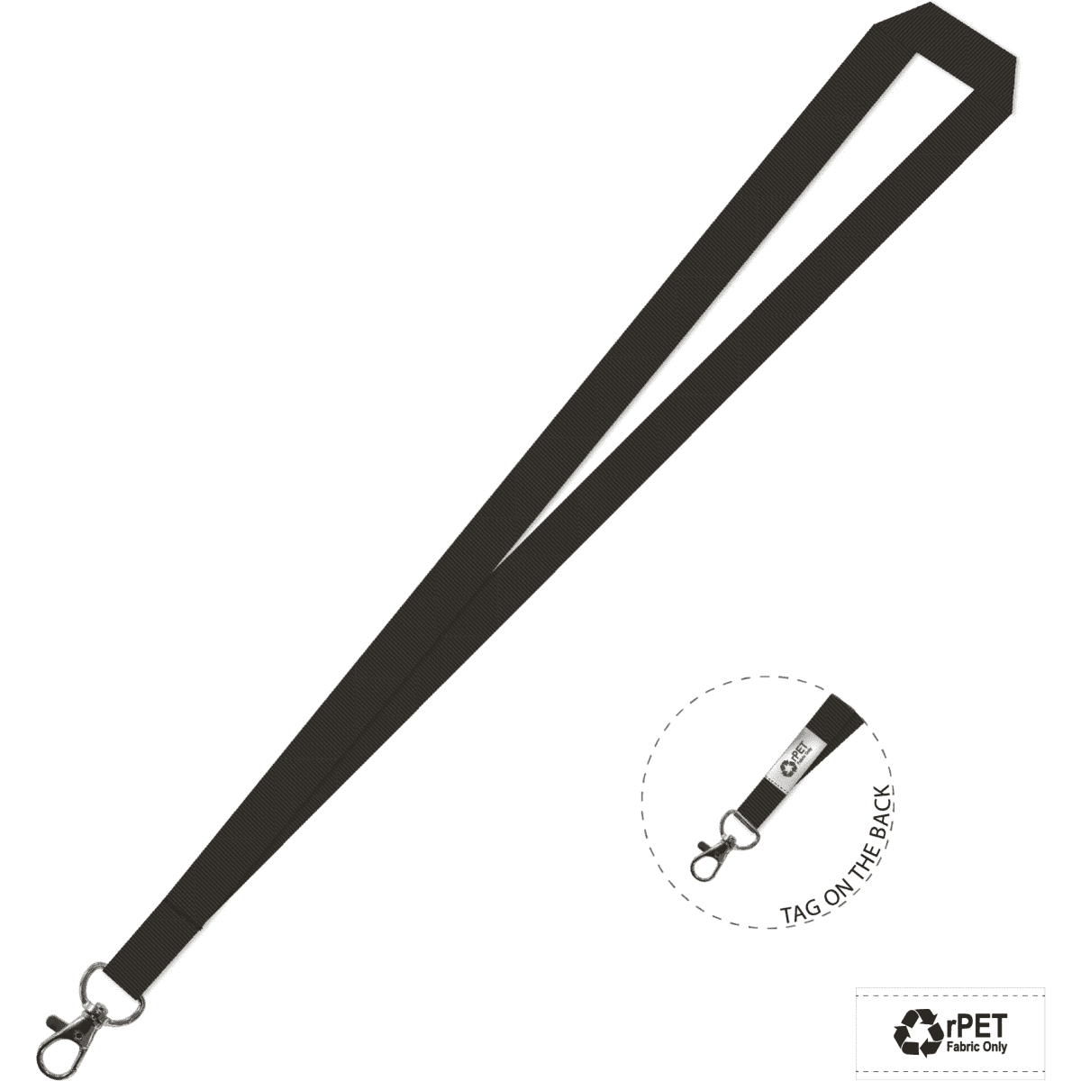 A black eco-friendly lanyard with a carabiner clip and a tag on the back.