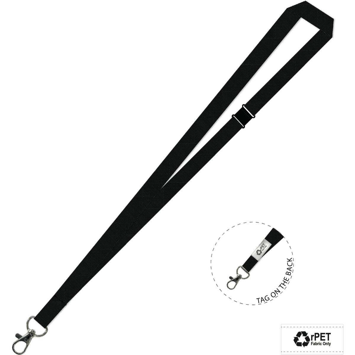 A black 15mm lanyard with a carabiner clip, featuring a logo and tag on the back.