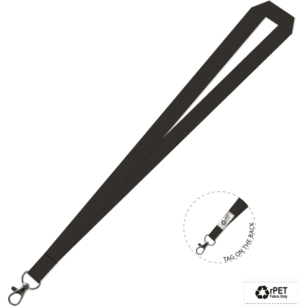 A plain black lanyard made of eco-friendly material featuring a carabiner and a logo on the back.