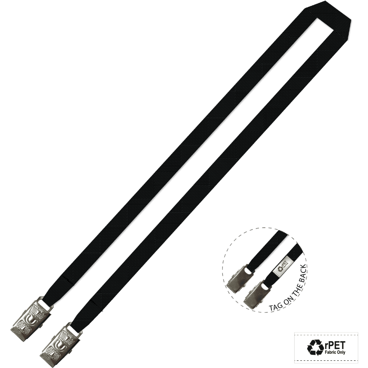 A black eco-friendly lanyard featuring double alligator clips at each end, with a logo on the back.