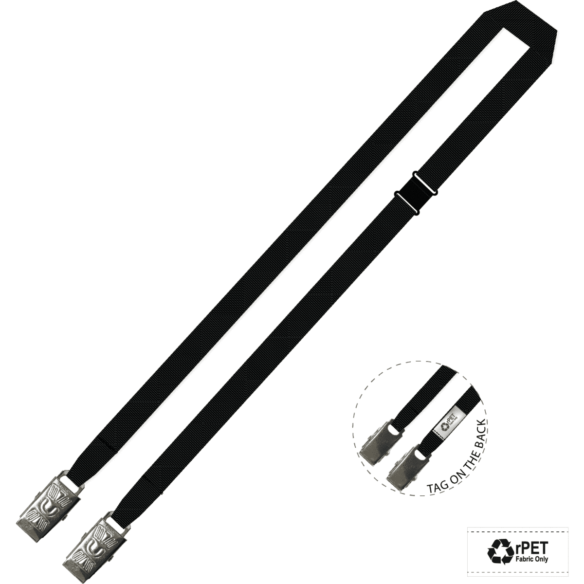 A black eco-friendly lanyard with double alligator clips and a logo on the attachment.