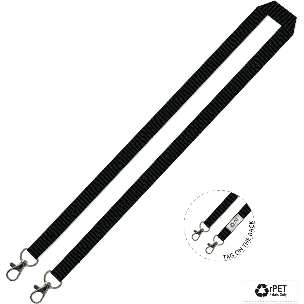 A black eco-friendly lanyard with double carabiners and a tag on the back.