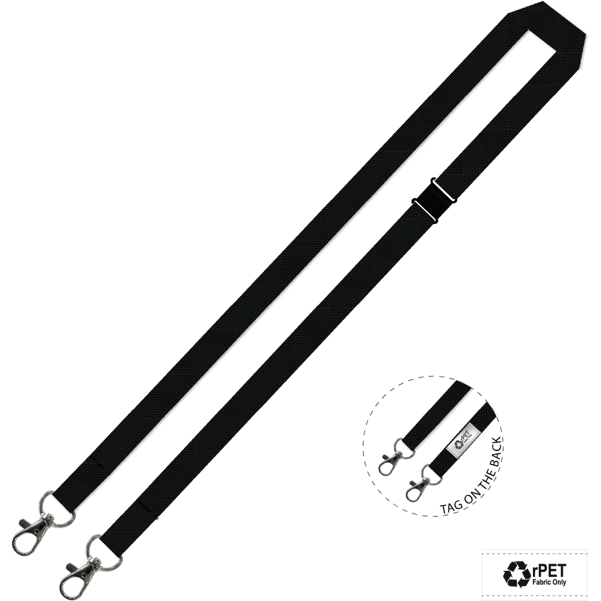 A black lanyard featuring double carabiners, made from eco-friendly material, with a small tag on the back.