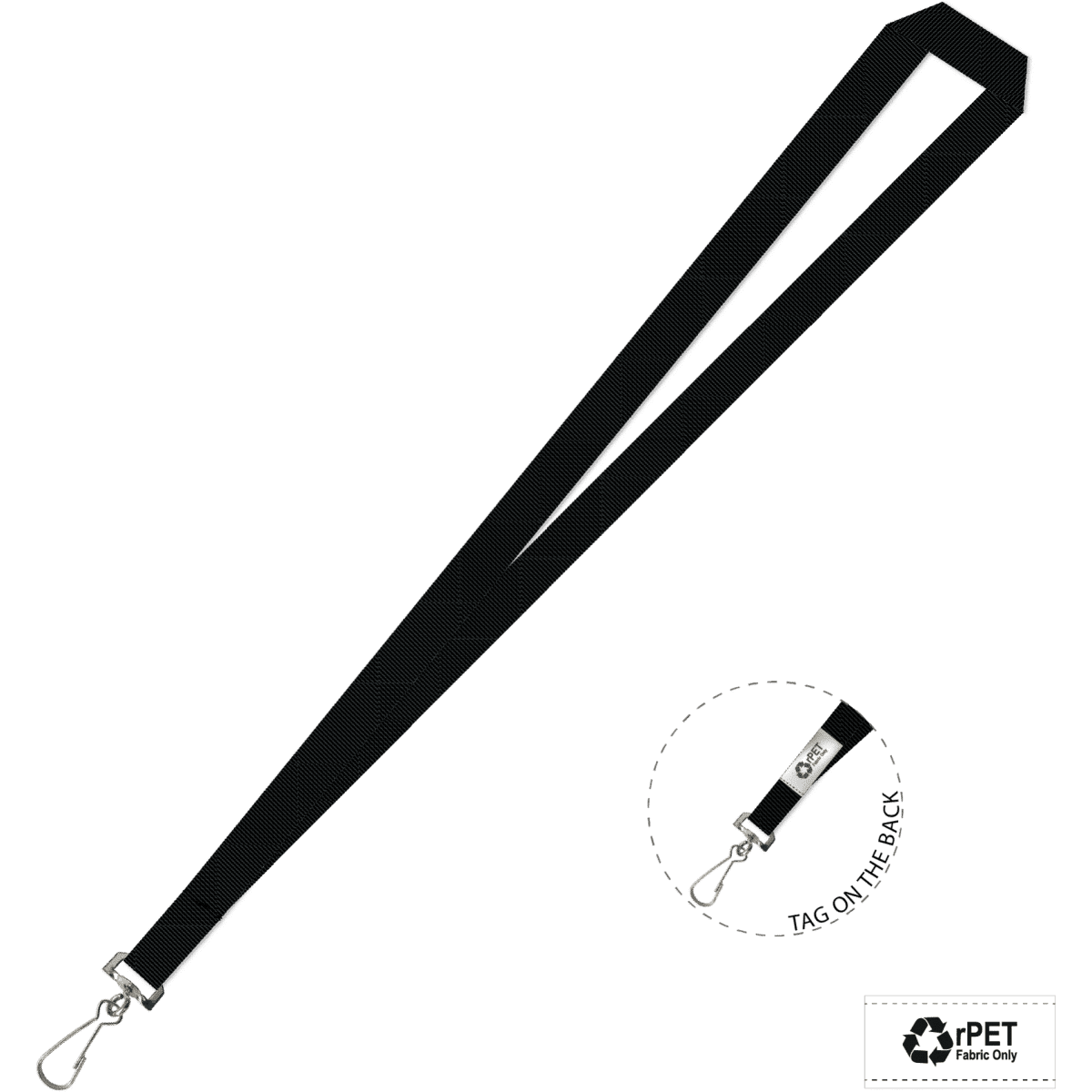 A black lanyard with a swivel hook, featuring a tag on the back. Made from eco-friendly materials.
