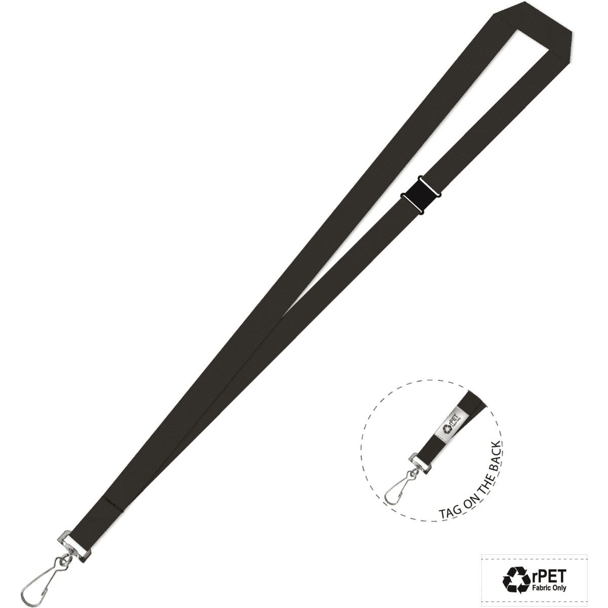 A black eco-friendly lanyard with a swivel hook, featuring a branded tag on the back.