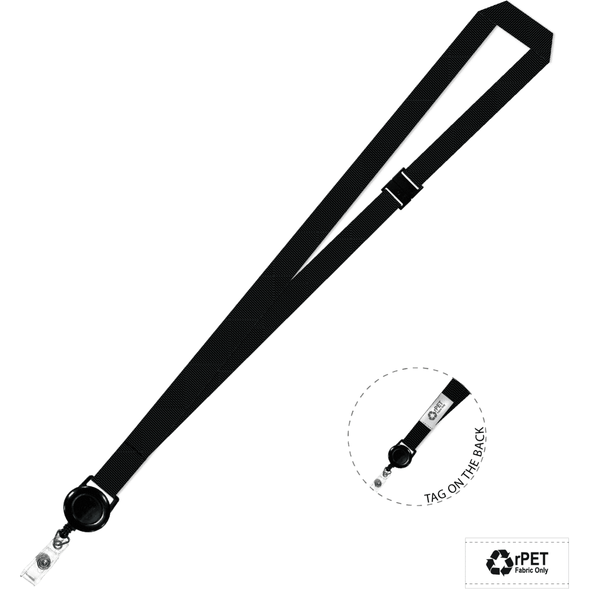 A plain black lanyard with a retractable reel, featuring a logo on the tag at the back.