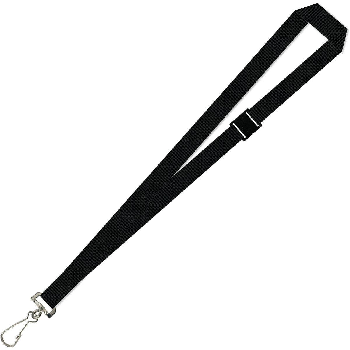 A black lanyard featuring a swivel hook and a buckle for attachment. It has a textured design.