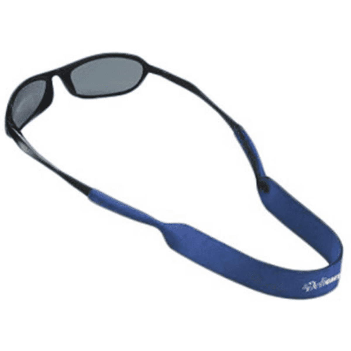 A blue neoprene sunglass strap designed for standard glasses, featuring a logo.