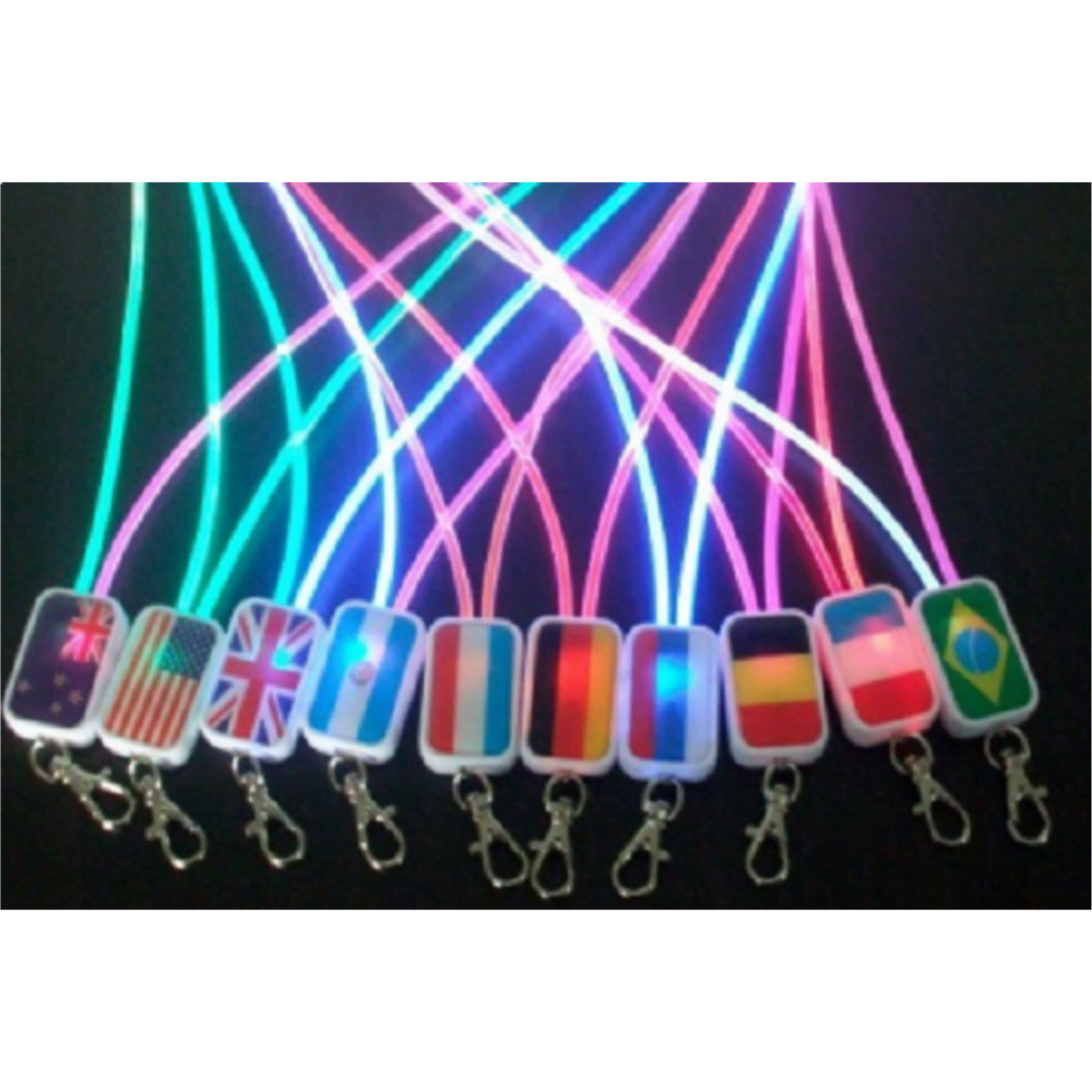 LED lanyards in various colours with flags of different countries displayed on each lanyard.
