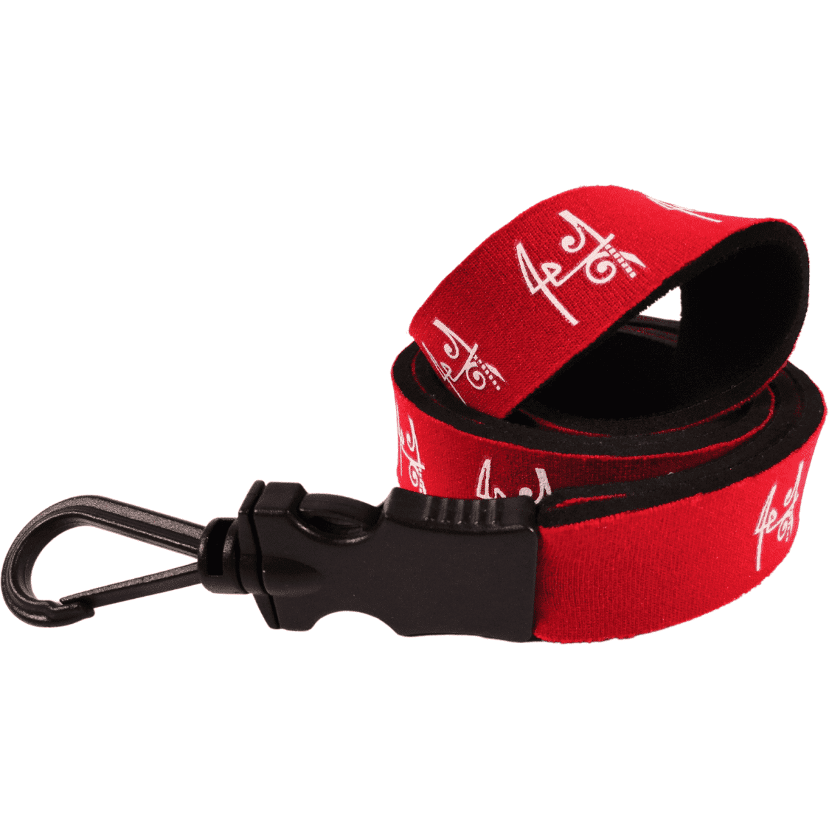 A red neoprene lanyard with a black plastic clip and a branding logo.