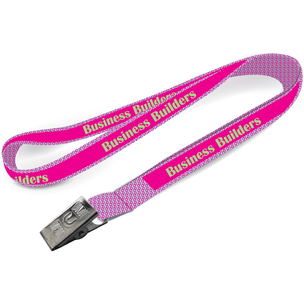 A pink sublimated lanyard with an alligator clip and branding throughout the length.