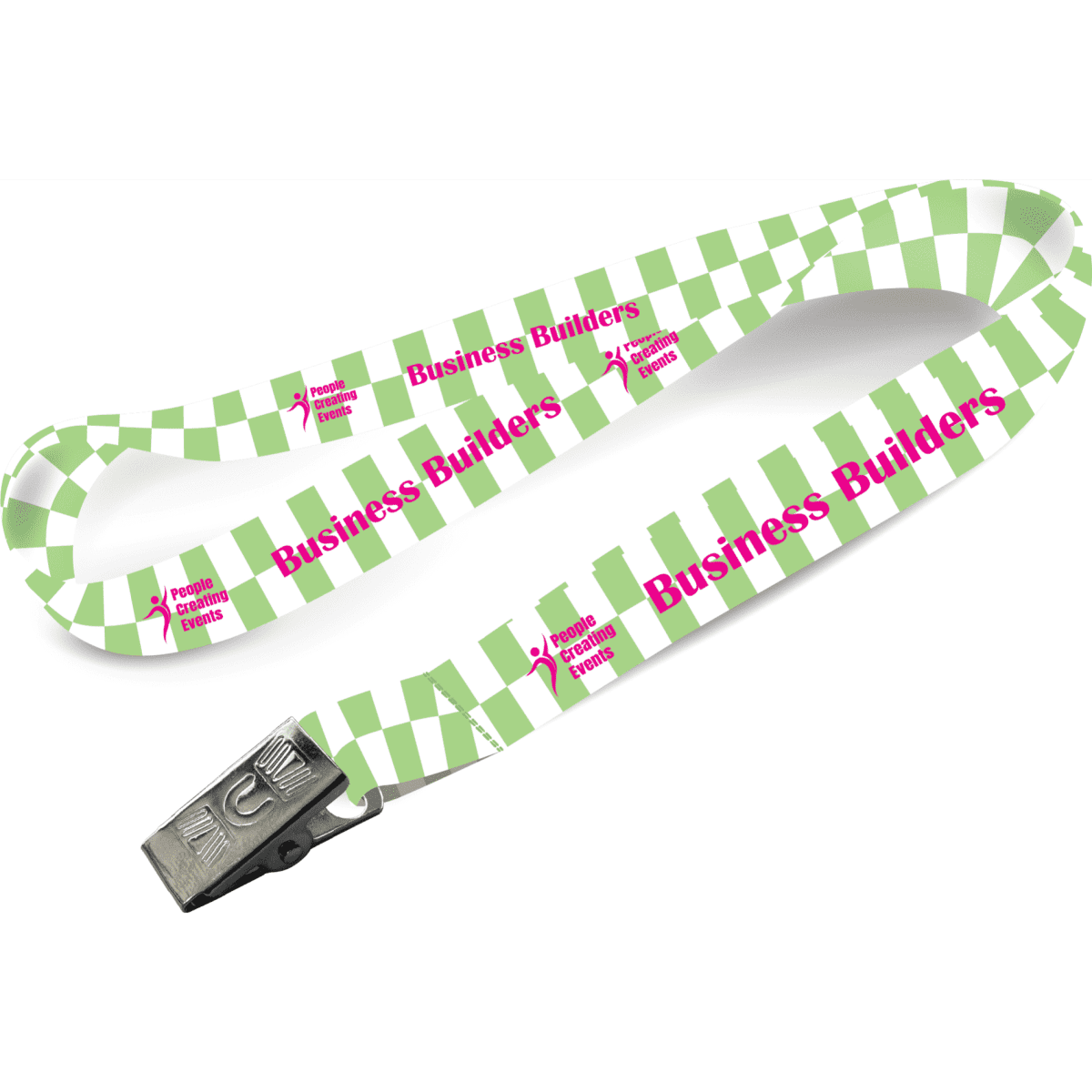 A patterned lanyard in green and white featuring a clip and a logo, designed for promotional use.