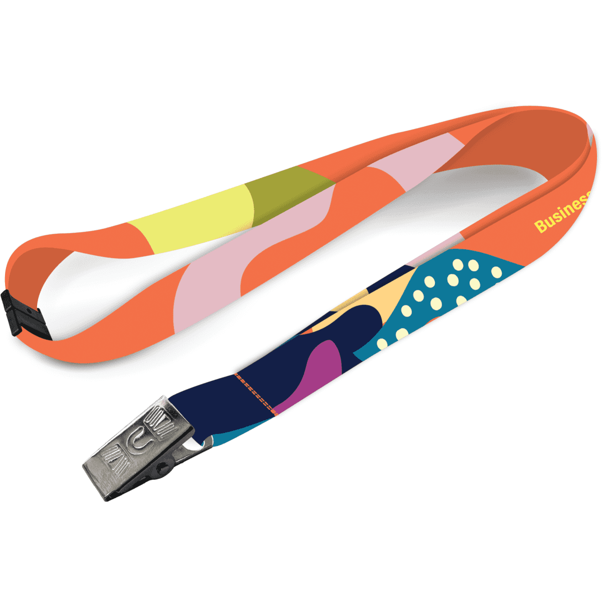 A vibrant, multicoloured sublimated lanyard with an alligator clip, featuring various abstract patterns.