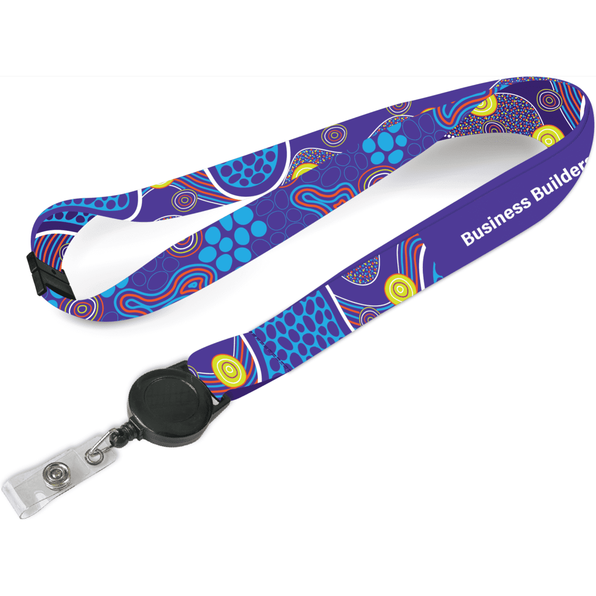 A purple and blue sublimated lanyard with a retractable reel and a logo. Features vibrant abstract patterns.