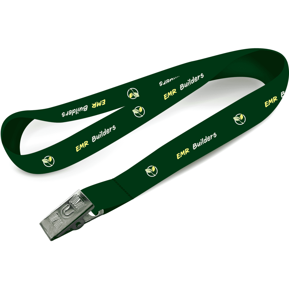 A green sublimated eco lanyard featuring an alligator clip and a logo. The lanyard has text printed on it.
