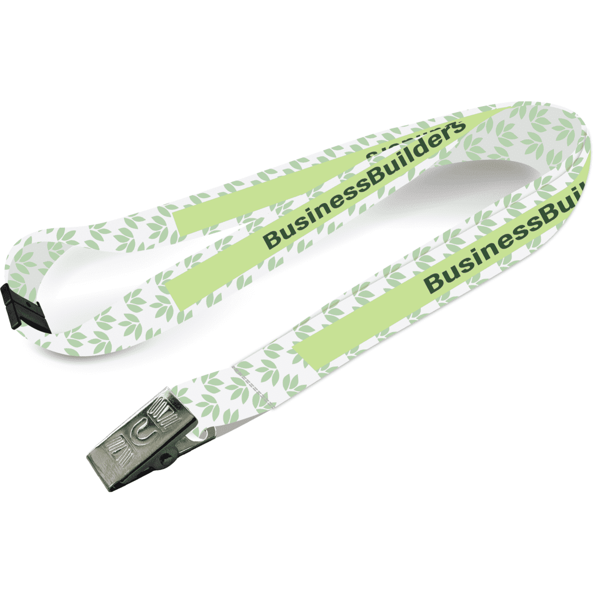 A sublimated eco lanyard featuring a green leafy design with a silver alligator clip.