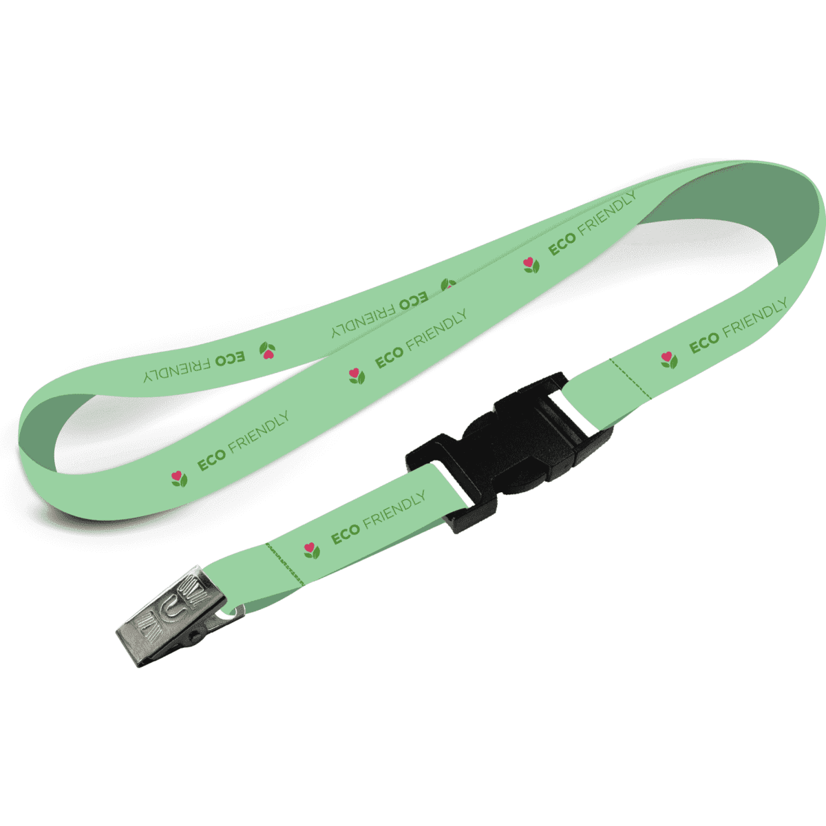 A light green eco-friendly lanyard featuring a clip and a buckle. It has a logo and a smooth finish.
