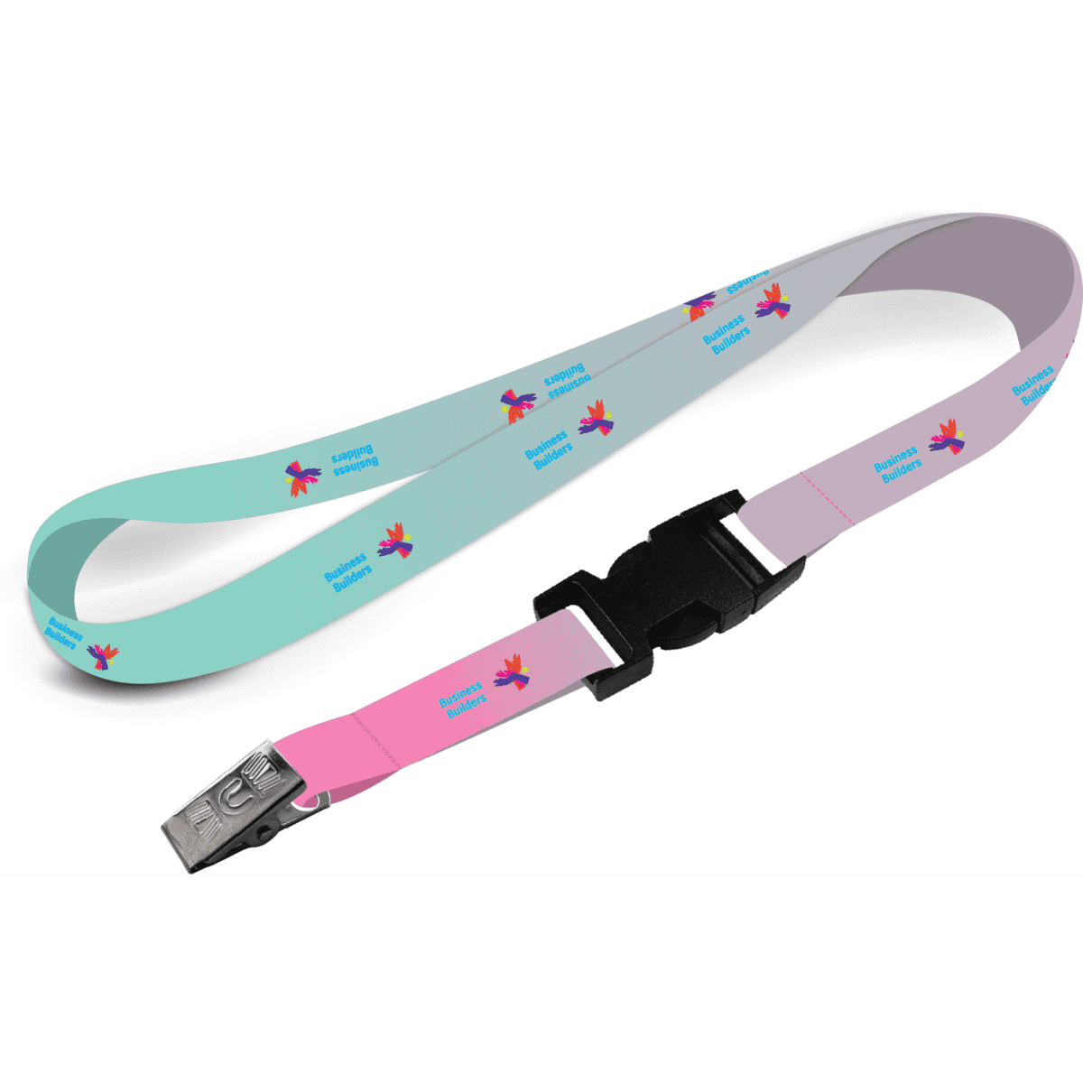 A lanyard featuring a pink and teal design, with a black alligator clip and branding logos.
