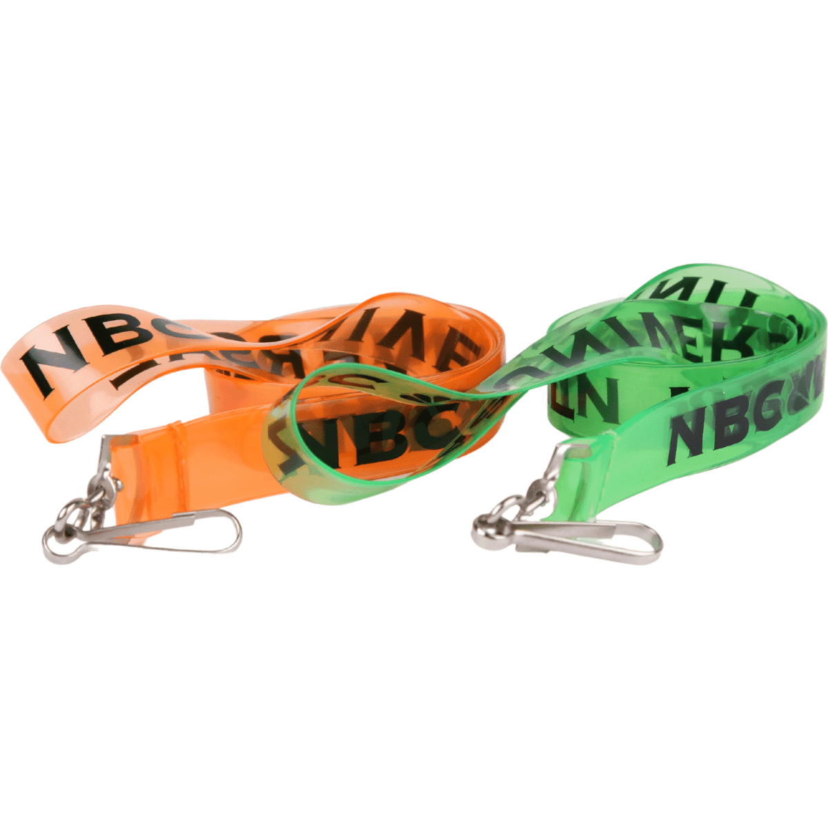 Two lanyards made from PVC, one in bright orange and the other in vivid green, each featuring a logo.