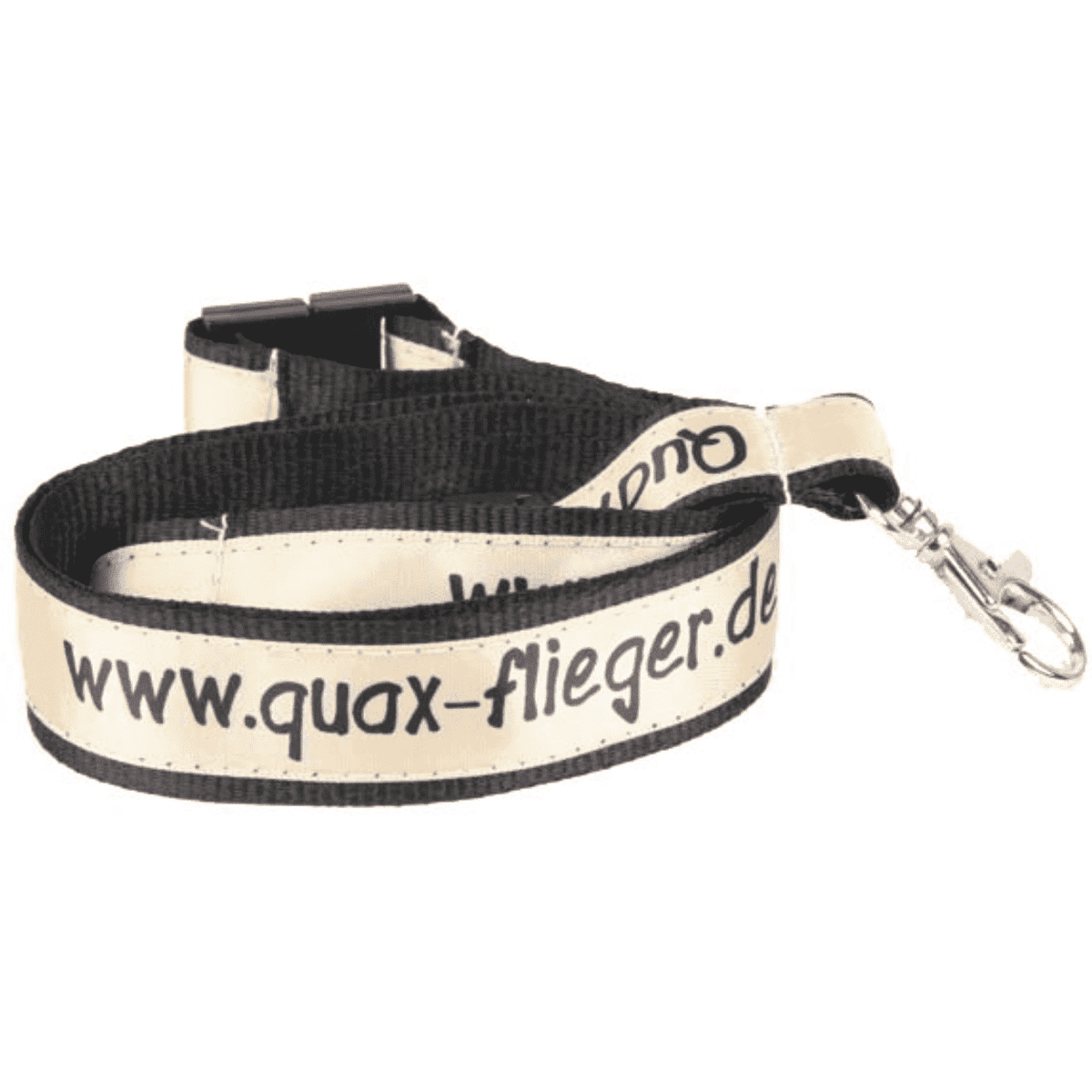 A satin lanyard, 15mm wide and stitched onto 20mm thick polyester, featuring a black and cream design with a logo.
